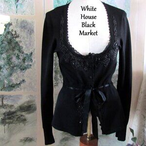 BLACK CARDIGAN, M, SILK WHBM, BEADED BLING, CHIC WAIST TIE, DAINTY LACE, BUTTONS